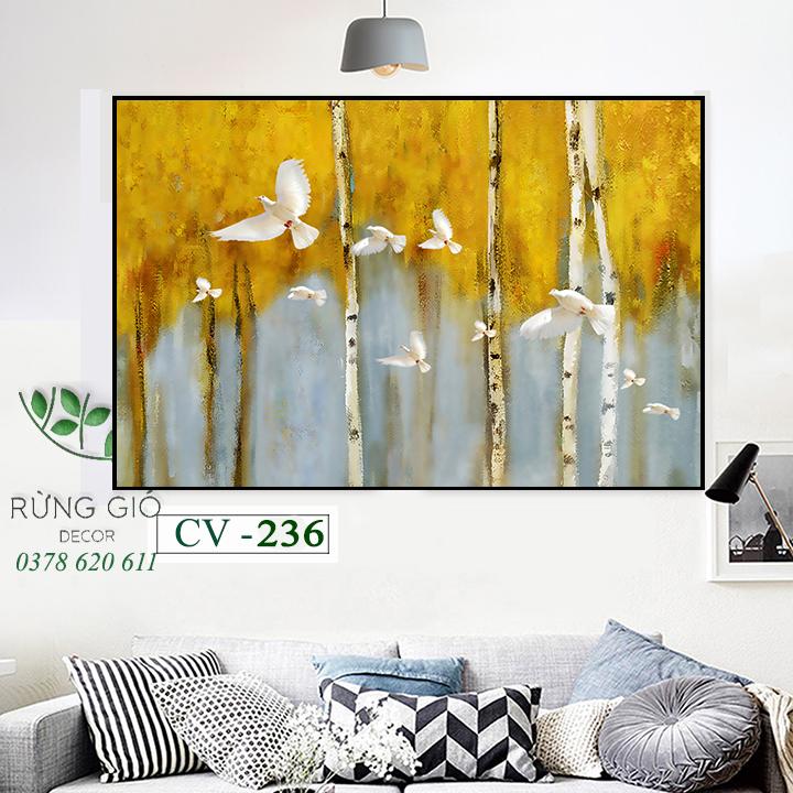 Khung tranh vải canvas tranh đàn chim bay giữa cánh rừng vàng (CV236)